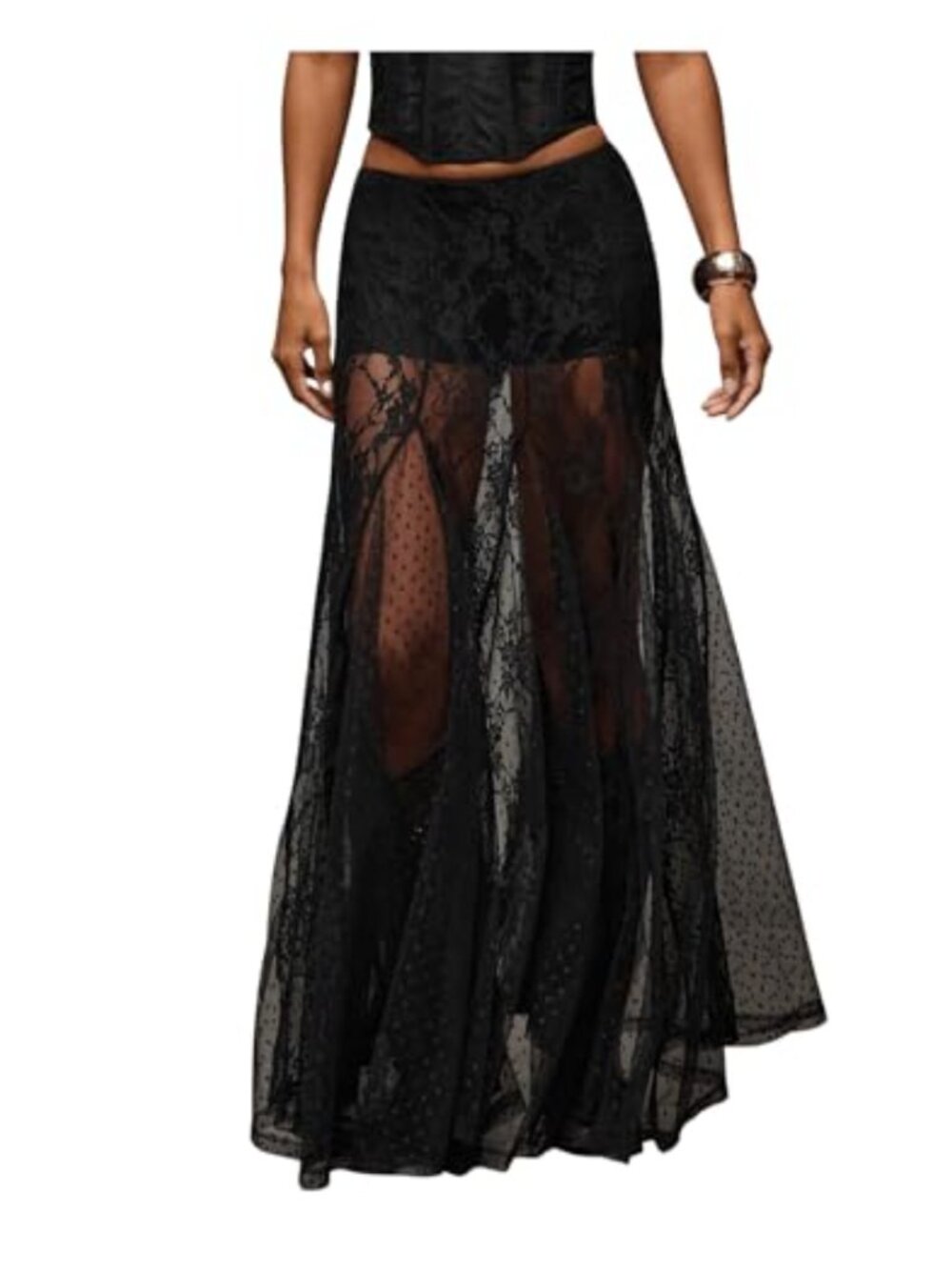 Sheer Lace Ruffle Hem Y2K Maxi A-Line Skirt Elastic Waist Flowy